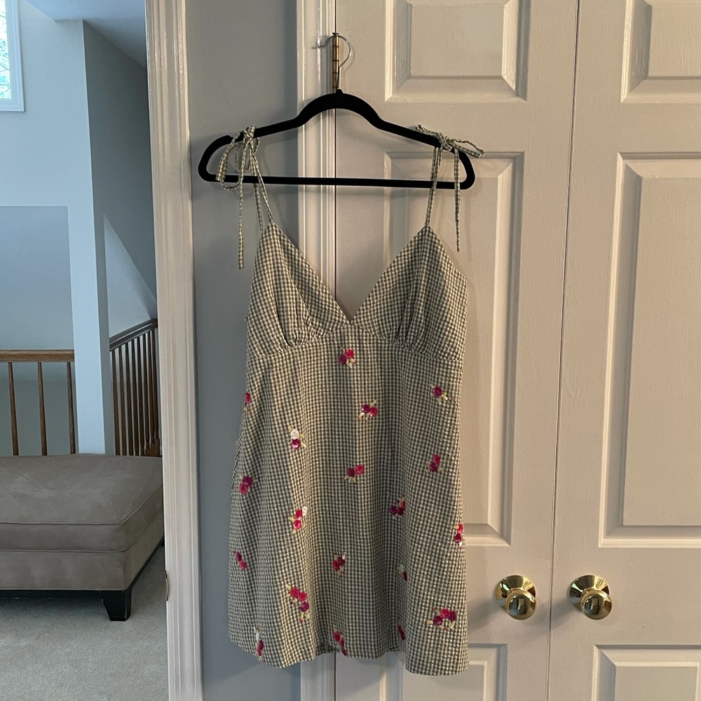 Revolve LPA green plaid dress with beaded flowers